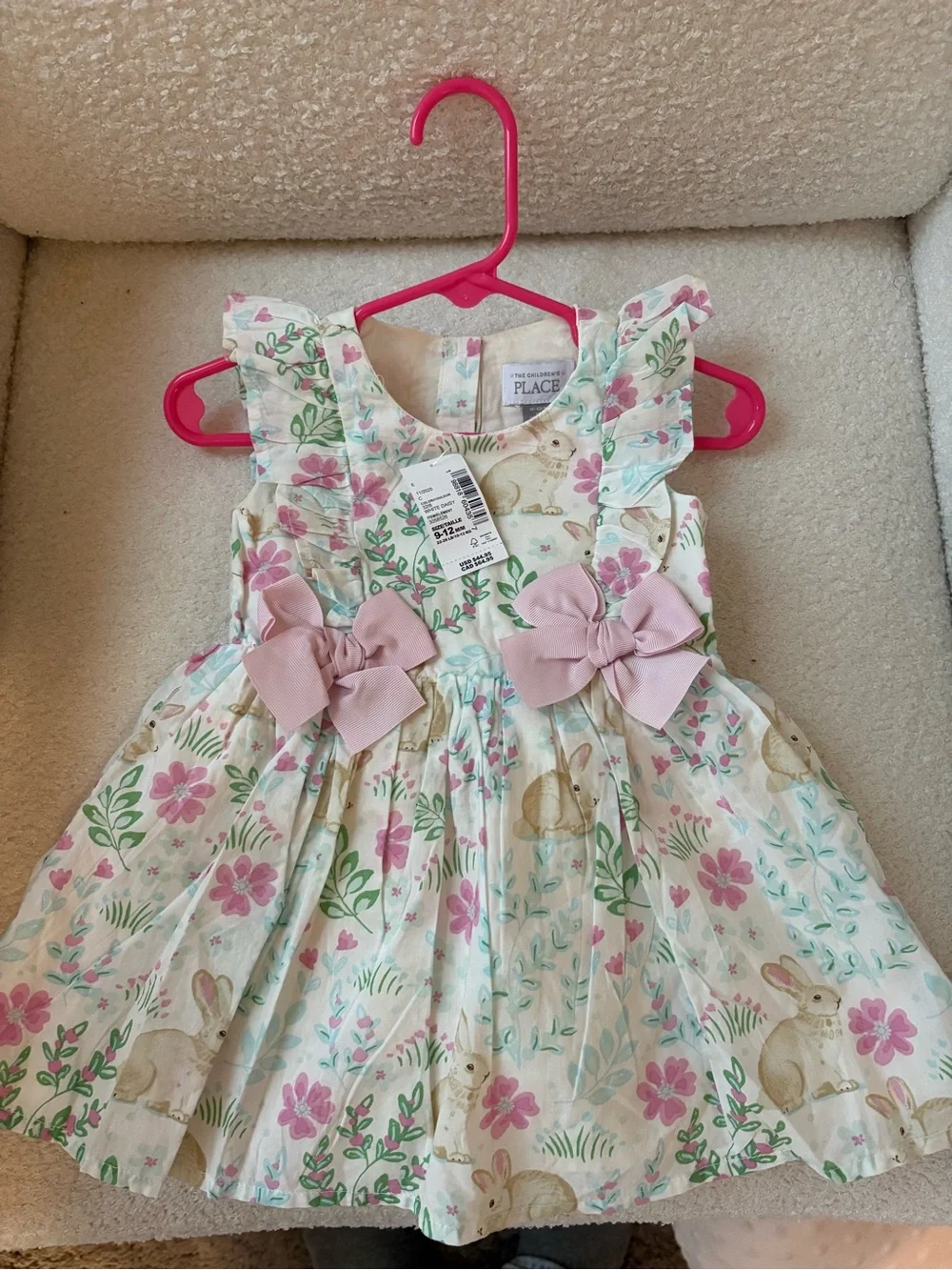 The Children's Place Floral Bunny Bow Dress in White, Pink, Green